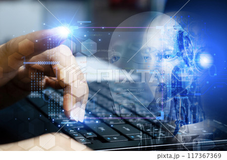 Ai tech, businessman show virtual graphic Global Internet connect Chatbot Chat with AI, Artificial Intelligence. using command prompt for generates something, Futuristic technology transformation. Ai tech, businessman show virtual graphic Global Internet connect Chatbot Chat with AI, Artificial Intelligence. using command prompt for generates something, Futuristic technology transformation. 117367369