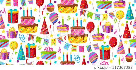 Happy Birthday pattern. Celebration or holiday items. Happy Birthday pattern. Celebration or holiday items. 117367388