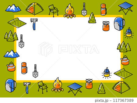 Travel camping background. Tourist equipment for survival in outdoor. 117367389
