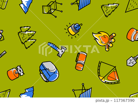 Travel camping pattern. Tourist equipment for survival in outdoor. Travel camping pattern. Tourist equipment for survival in outdoor. 117367390