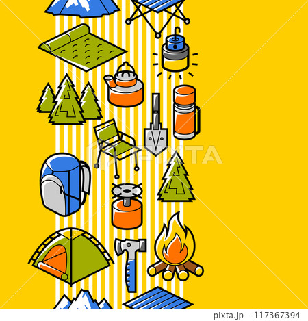 Travel camping pattern. Tourist equipment for survival in outdoor. Travel camping pattern. Tourist equipment for survival in outdoor. 117367394