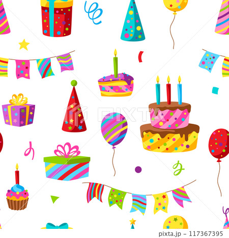 Happy Birthday pattern. Celebration or holiday items. 117367395