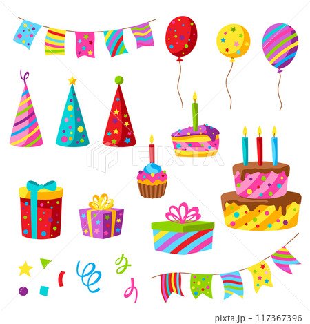 Happy Birthday icon set. Celebration or holiday items. 117367396