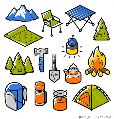 Travel camping set. Tourist equipment for survival in outdoor. Travel camping set. Tourist equipment for survival in outdoor. 117367398