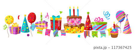 Happy Birthday greeting card. Celebration or holiday items. Happy Birthday greeting card. Celebration or holiday items. 117367425