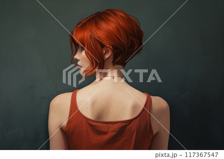 Rear view of a girl with short haircut red hair, care and hair care concept 117367547