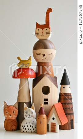 A variety of natural wooden children's toys on the shelves , children's playroom 117367548