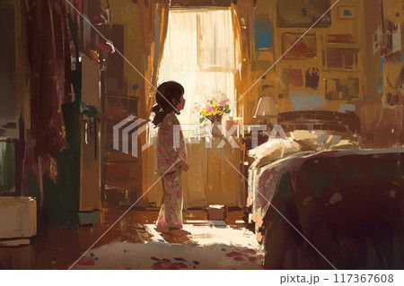A toddler in pajamas early in the morning in his room, illustration 117367608