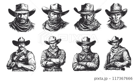 Engraving cowboy portrait set. Hand drawn wild west man in hat and scarf, western sheriff vector illustration 117367666