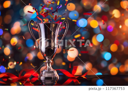 Shiny sparkling silver champion cup on a bright background with sparkles and confetti and festive satin ribbons, second place trophy cup 117367753