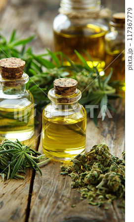 Cosmetic essence from the Cannabis plant, bottles with essence next to Cannabis leaves 117367779