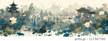 Chinese pavilion near a lake with lotus blooming, classical Chinese painting, illustration banner 117367780