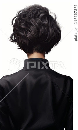 Rear view of a girl with short black hair, care and hair care concept 117367873