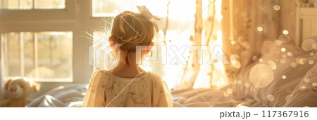 A toddler in pajamas early in the morning in his room, banner 117367916