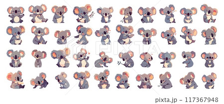 Cartoon cute koalas set. Australian wild animal in different poses, fluffy baby koala mascot eats leaves vector illustration 117367948