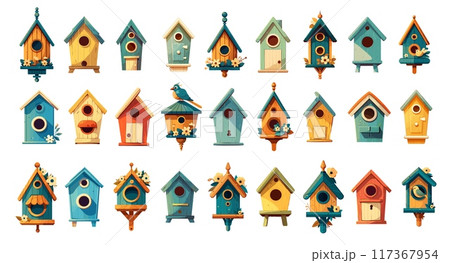 Cartoon bird houses set. Various wooden birdhouses with flowers, spring summer garden decoration, homemade nests vector illustration Cartoon bird houses set. Various wooden birdhouses with flowers, spring summer garden decoration, homemade nests vector illustration 117367954