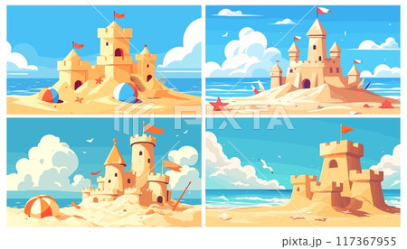 Cartoon beach sand castle set. Summer vacation seashore with kid activity building balls sea water clouds vector illustration 117367955