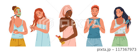 Happy young women doing beauty procedures after bathing icon set 117367973