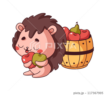 Hedgehog sits near barrel filled with apples flat color vector image 117367995