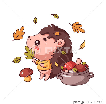 Flat color vector with hedgehog catching falling autumn leaves 117367996