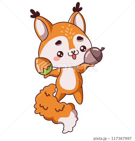 Squirrel cub holding acorns in hands flat color vector style 117367997