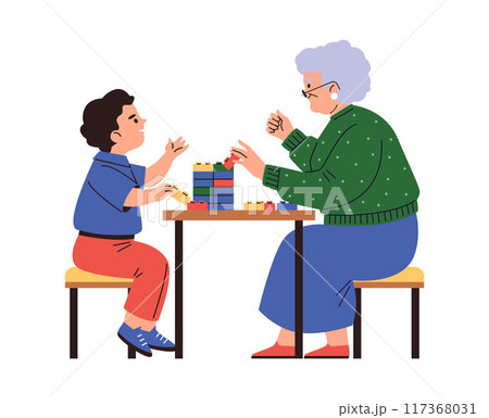Boy and grandma assembling Lego set in vector scene. 117368031