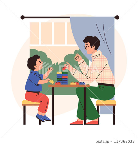 Happy father and son play at home with lego construction blocks, vector cartoon family have fun build pyramid tower Happy father and son play at home with lego construction blocks, vector cartoon family have fun build pyramid tower 117368035