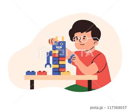 Happy small boy child play with lego construction blocks, vector cartoon kid have fun build robot toy with bricks 117368037