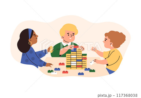 Vector illustration of little children assembling Lego bricks. Vector illustration of little children assembling Lego bricks. 117368038