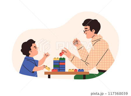 Happy father and son play with lego construction blocks, cartoon family have fun build pyramid tower vector in frame Happy father and son play with lego construction blocks, cartoon family have fun build pyramid tower vector in frame 117368039