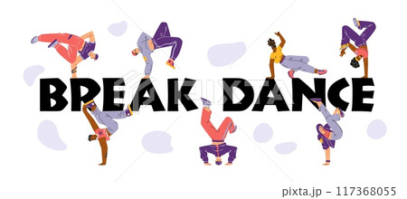 Cartoon break dancers in various dynamic poses on vector typographic poster, teenagers dancing hip hop street dance 117368055
