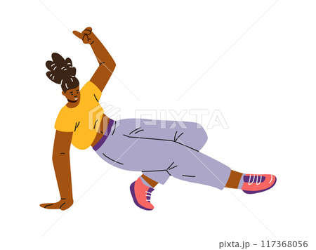 Break dancer dynamic pose, vector breakdancer in street dance action, cool afro girl teenage dancer hip hop performance Break dancer dynamic pose, vector breakdancer in street dance action, cool afro girl teenage dancer hip hop performance 117368056