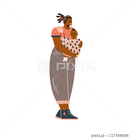 Happy young mother carrying baby in sling, vector cartoon African parent woman walking with infant in baby carrier wrap 117368086