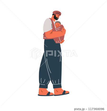 Happy Arab father carrying baby in sling, vector cartoon African parent man walking with infant in baby carrier wrap Happy Arab father carrying baby in sling, vector cartoon African parent man walking with infant in baby carrier wrap 117368096