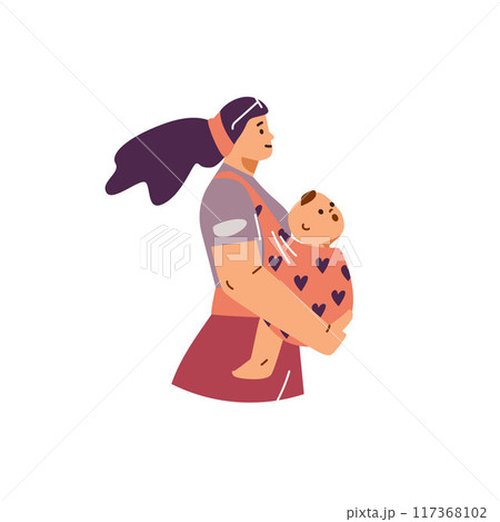 Vector illustration of a mother with a baby in a carrier close-up. 117368102