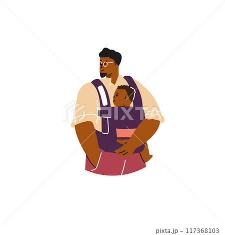 Happy young father carrying baby in sling, vector cartoon African parent man standing with infant in baby carrier wrap 117368103
