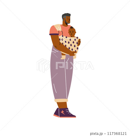 Flat illustration of a dad with a baby in a carrier, showing ease of movement. Flat illustration of a dad with a baby in a carrier, showing ease of movement. 117368121