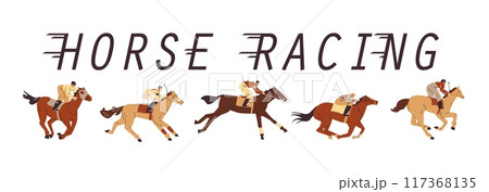 Horse racing vector flat banner design, Jockeys sprinting on a horse, animal sport competition, equestrian championship 117368135
