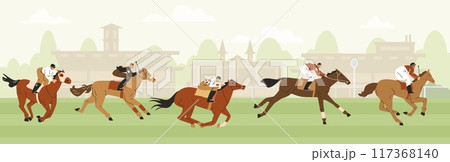 Horse racing on the hippodrome racetrack, jockeys sprinting on horses, vector Equestrian championship sport competition Horse racing on the hippodrome racetrack, jockeys sprinting on horses, vector Equestrian championship sport competition 117368140