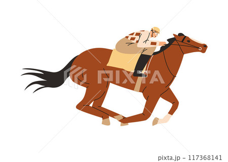 Horse racing, jockey sprinting on a brown horse, hippodrome sport competition, vector cartoon equine championship 117368141