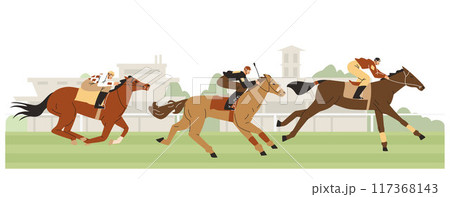 Horse racing on the hippodrome, jockeys sprinting on horses, vector cartoon Equestrian championship, sport competition 117368143