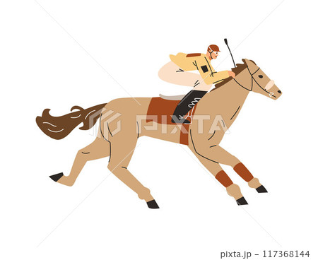 Horse racing, vector cartoon jockey sprinting on beige horse, Equestrian championship, animal sport competition isolated 117368144