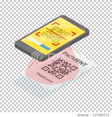 3D Isometric Flat  Illustration of Mobile Barcode Reader, Phone Scanning QR-code 117368172