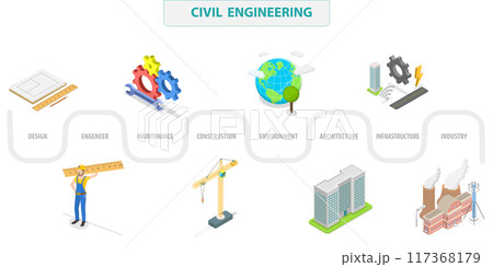 3D Isometric Flat  Illustration of Civil Engineering, Construction Technology Innovation 117368179