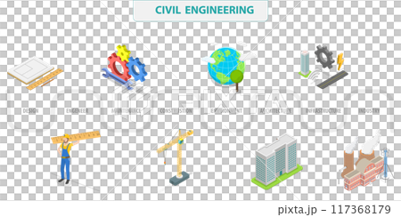 3D Isometric Flat  Illustration of Civil Engineering, Construction Technology Innovation 117368179