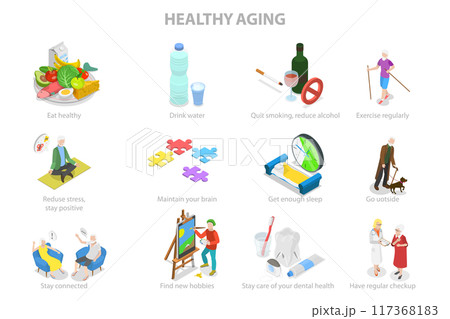 3D Isometric Flat  Illustration of Healthy Aging, Physical Activity and Health Care for Elderly Senior People 117368183