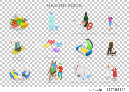3D Isometric Flat Illustration of Healthy Aging, Physical Activity and Health Care for Elderly Senior People 3D Isometric Flat Illustration of Healthy Aging, Physical Activity and Health Care for Elderly Senior People 117368183