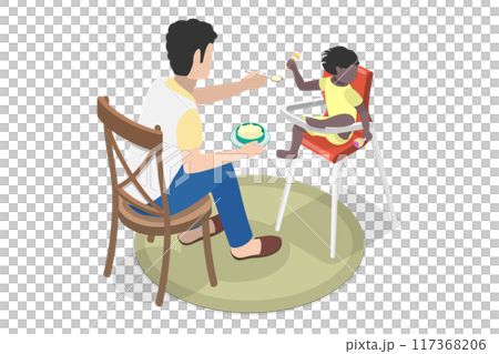 3D Isometric Flat  Illustration of Father Engaged In Raising Child, Child Feeding 117368206
