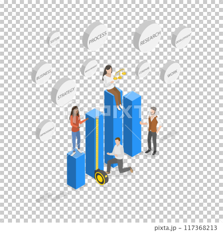 3D Isometric Flat Illustration of Benchmarking, Compare Quality with Other Companies for Improvement 3D Isometric Flat Illustration of Benchmarking, Compare Quality with Other Companies for Improvement 117368213