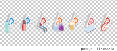 3D Isometric Flat Illustration of Plastics Types With Recycling Mark, Garbage Waste Sorting 3D Isometric Flat Illustration of Plastics Types With Recycling Mark, Garbage Waste Sorting 117368218
